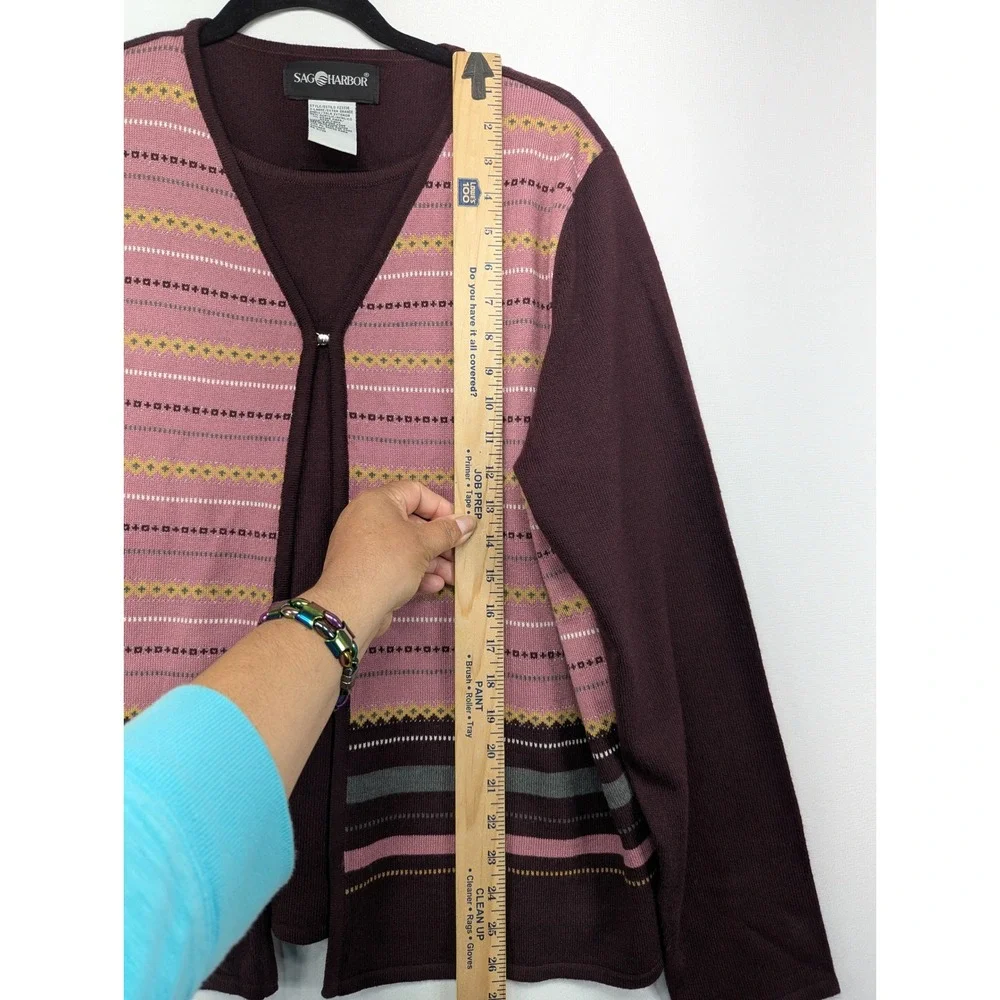 Sag Harbor Womens XL Burgundy Pink Fair‎ Isle 2 Piece Cardigan Shell Sweater Set